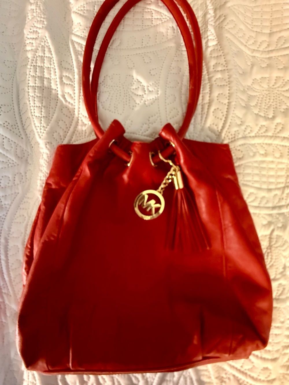Michael Kors Red Leather Drawstring Bucket Tote Bag with Gold Charm & Tassel